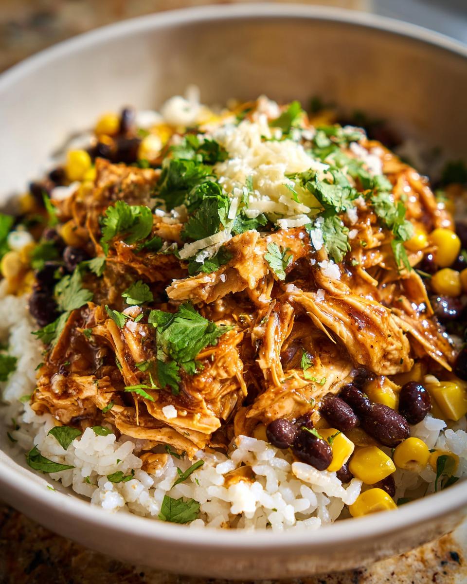 Close-up of a slow cooker salsa verde chicken taco bowl with rice, black beans, corn, and cilantro.