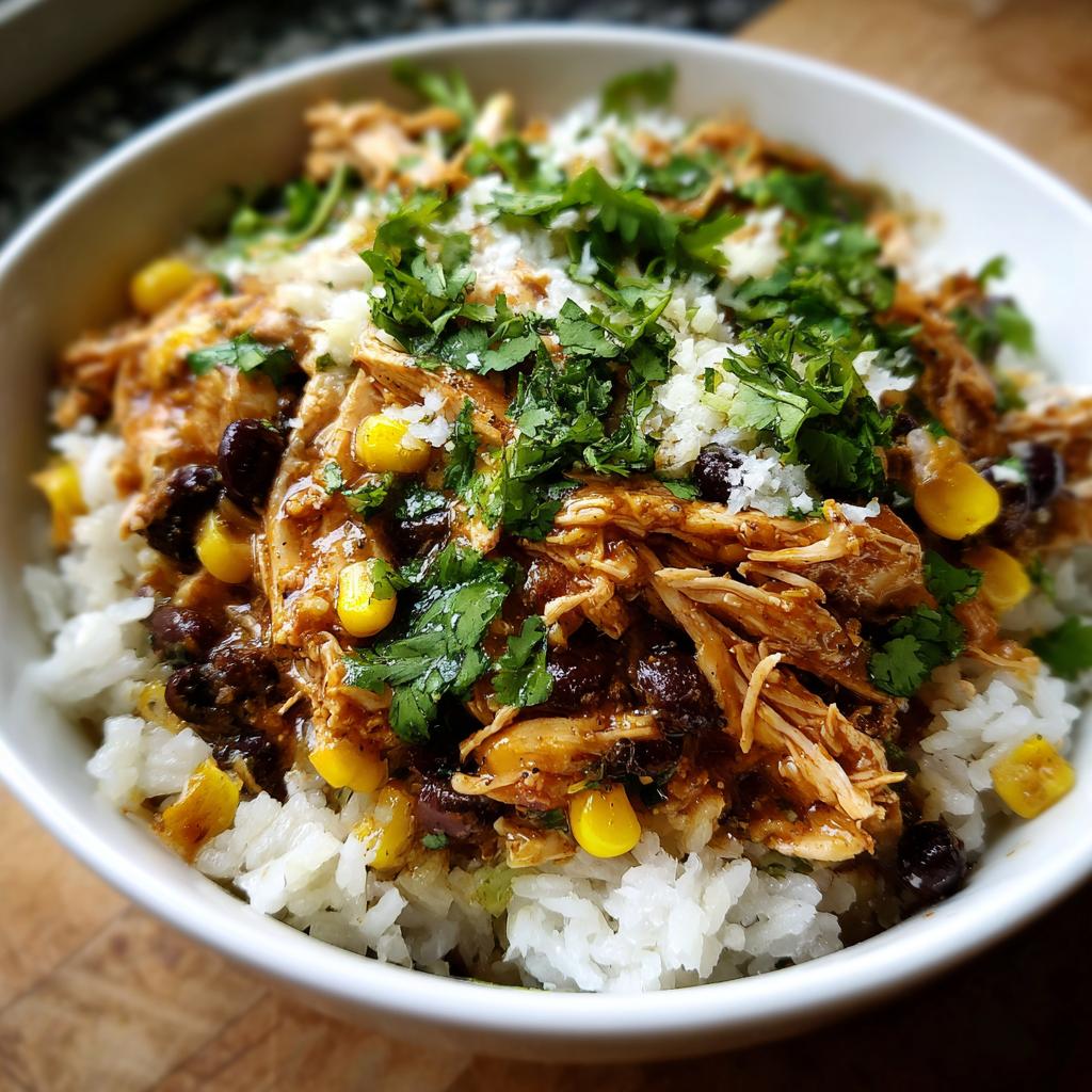 A close-up of a delicious Slow Cooker Salsa Verde Chicken Taco Bowl filled with rice, shredded chicken, black beans, and corn, topped with cilantro.