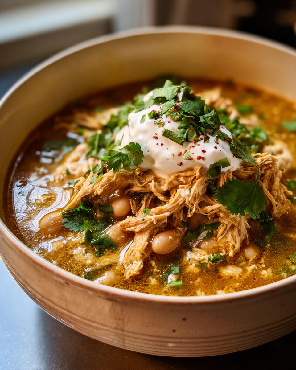 A close-up of a bowl of slow cooker white chicken chili, topped with sour cream, cilantro, and chili flakes.