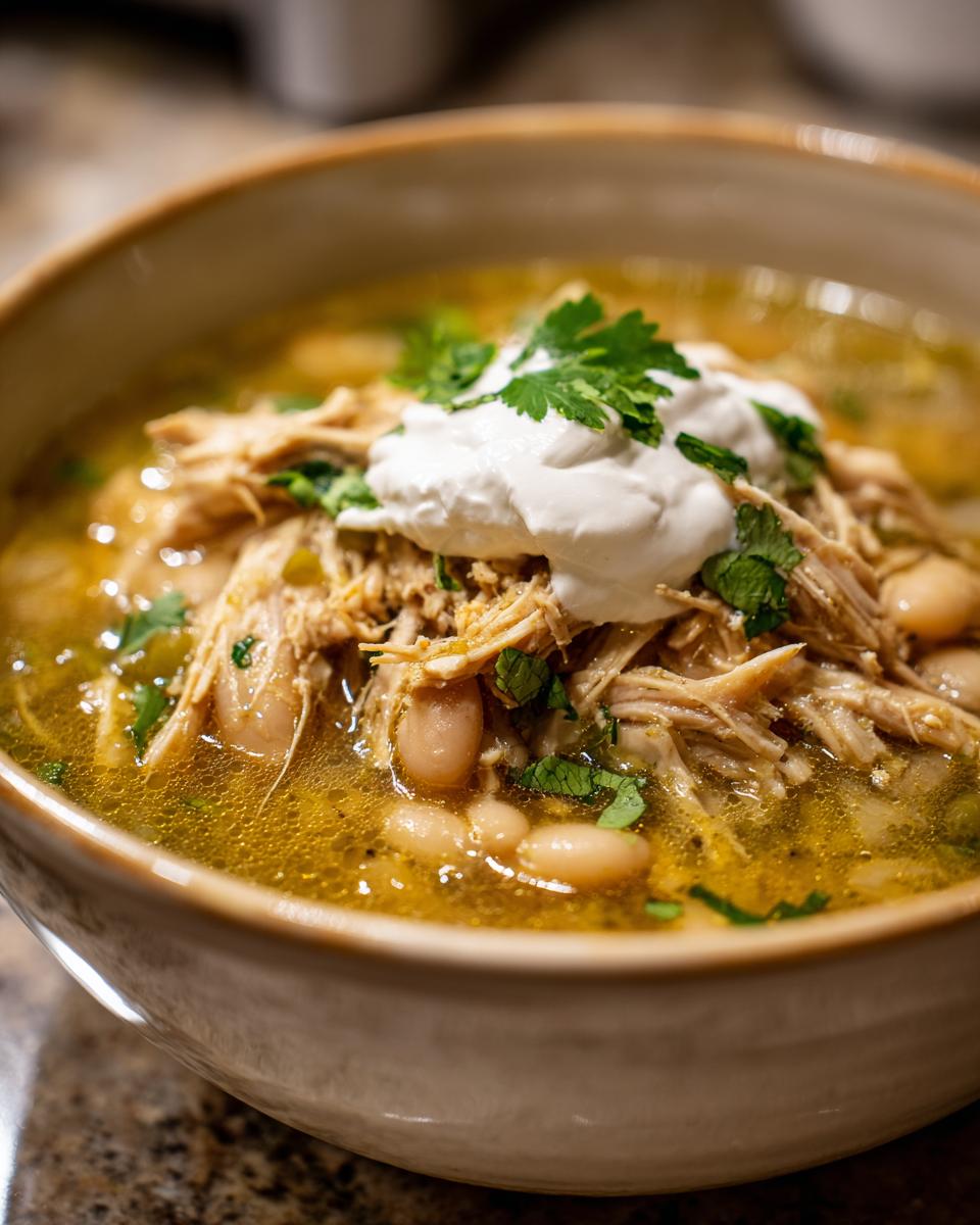 A close-up bowl of flavorful slow cooker white chicken chili topped with sour cream and cilantro.