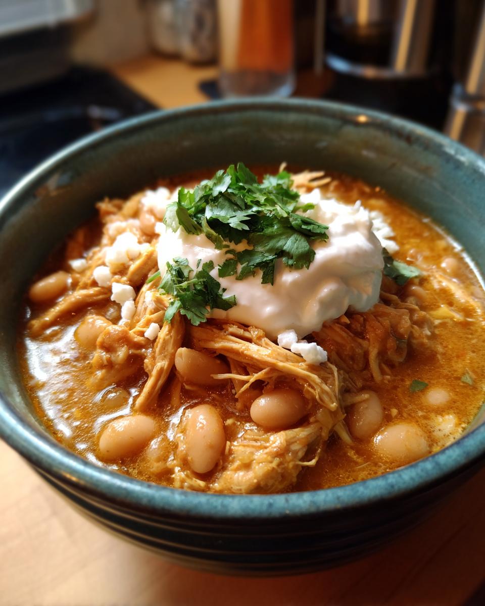 A close-up of a bowl of white chicken chili, topped with sour cream, cilantro, and cheese.