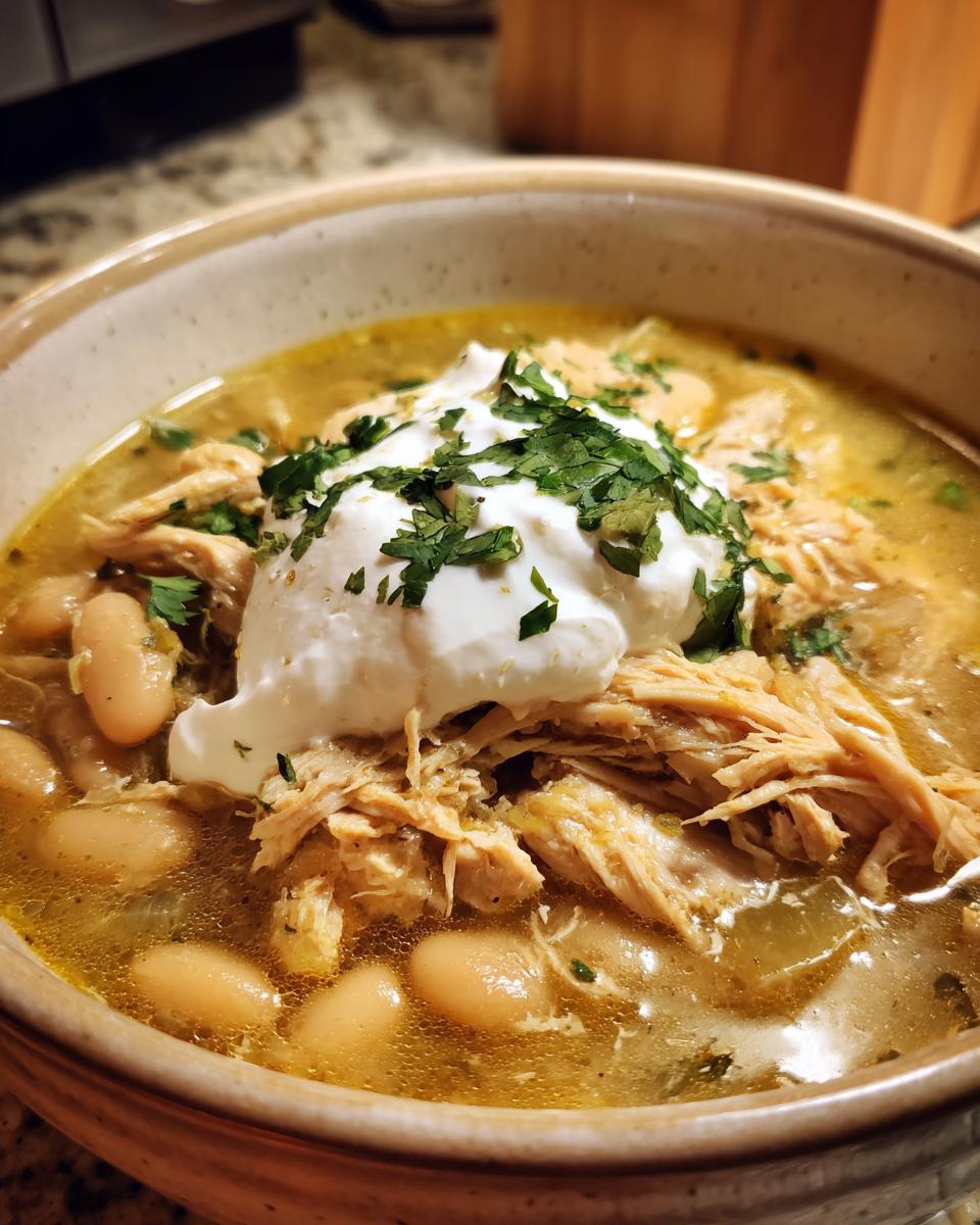 A close-up of a bowl of Slow Cooker White Chicken Chili, topped with sour cream and fresh parsley.