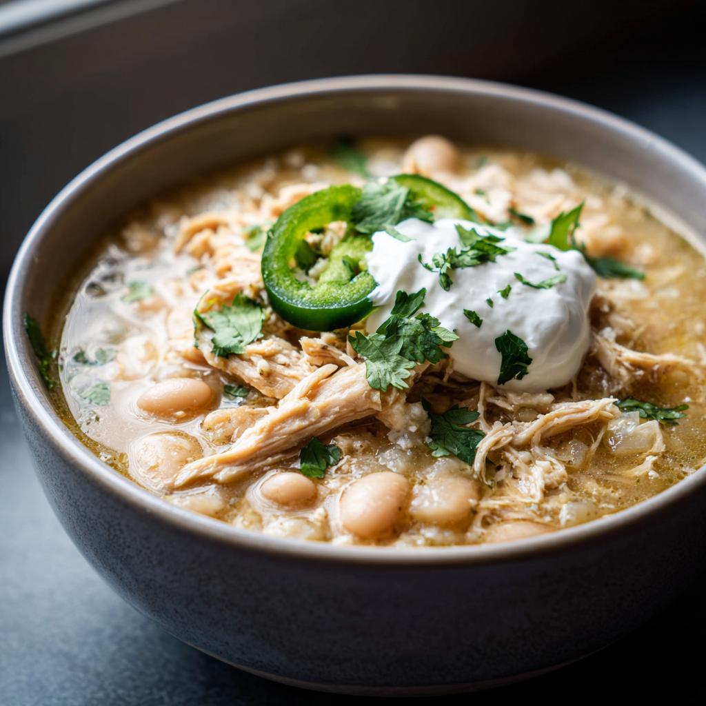 A close-up bowl of slow cooker white chicken chili, topped with sour cream, jalapeños, and cilantro.