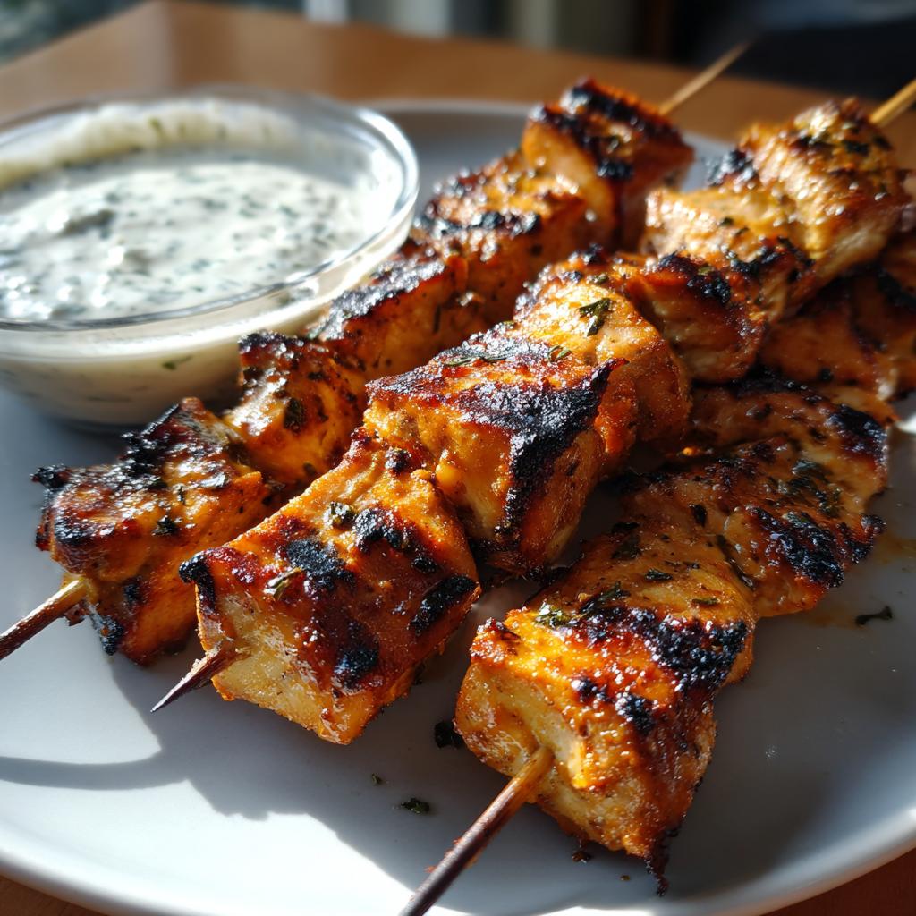 Close-up of delicious smoky chicken skewers with grill marks, served with a side of creamy garlic yogurt dip.