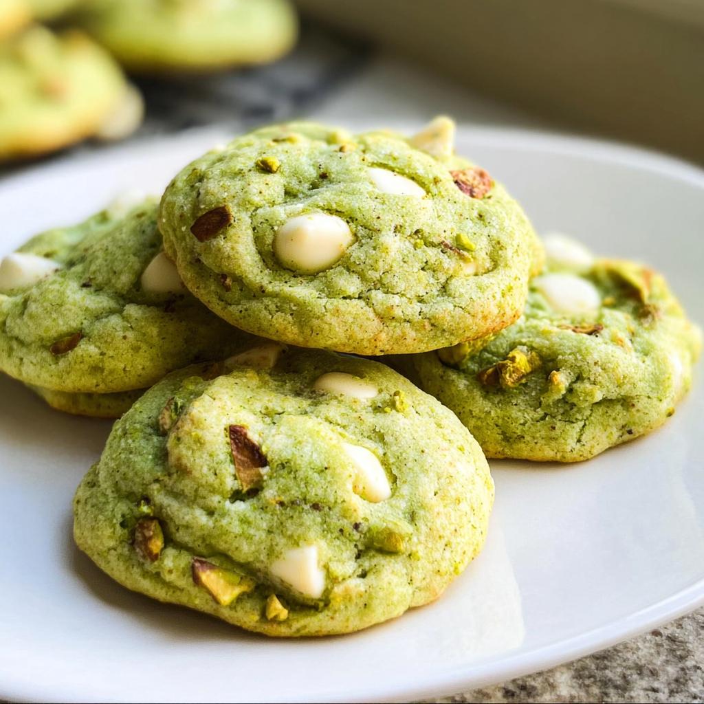 A stack of soft and chewy pistachio pudding cookies with white chocolate chips and chopped pistachios.