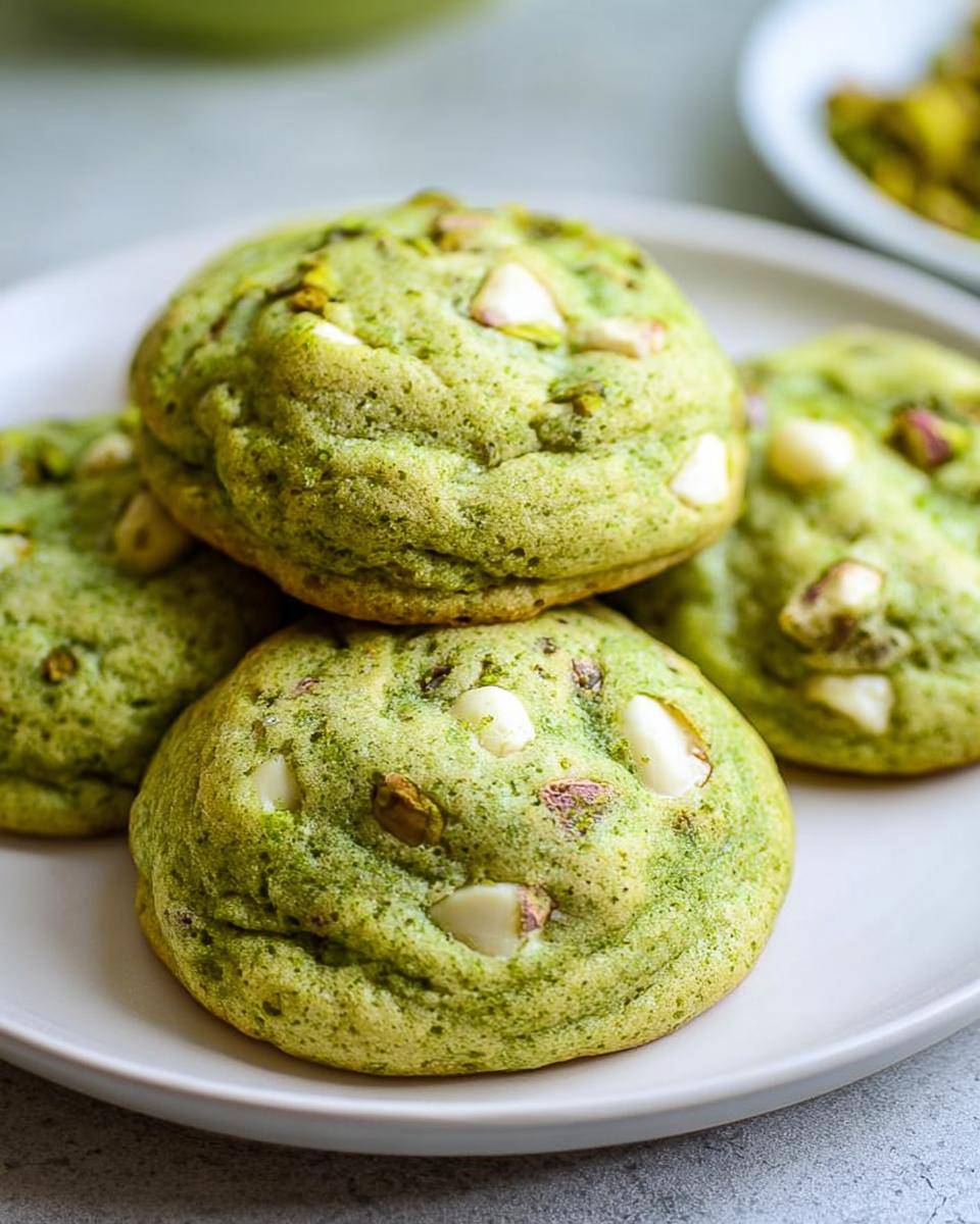 Close-up of soft and chewy pistachio pudding cookies with white chocolate chips and chopped pistachios.