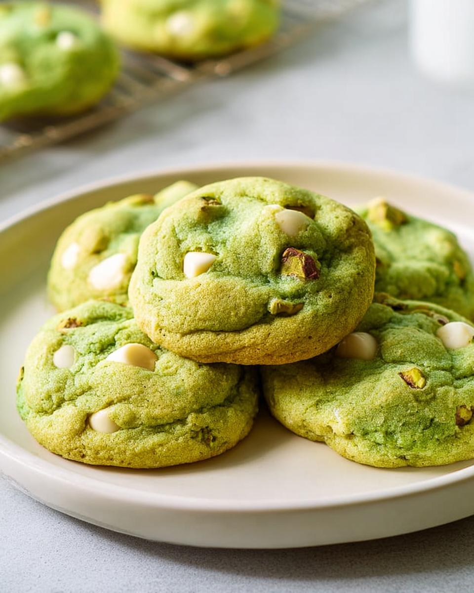 Close-up of Soft and Chewy Pistachio Pudding Cookies with white chocolate chips and chopped pistachios.