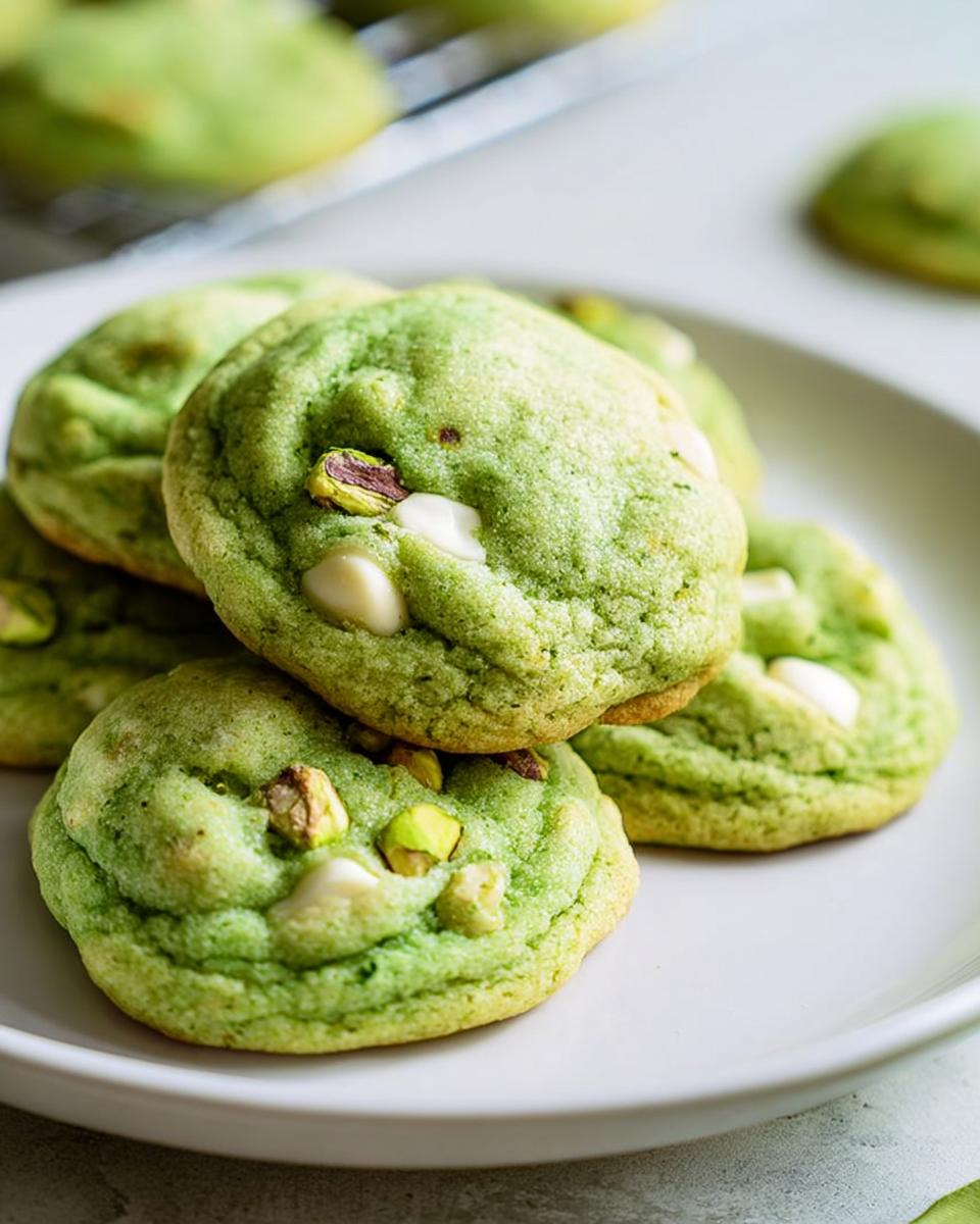 A stack of soft and chewy pistachio pudding cookies with white chocolate chips and chopped pistachios.