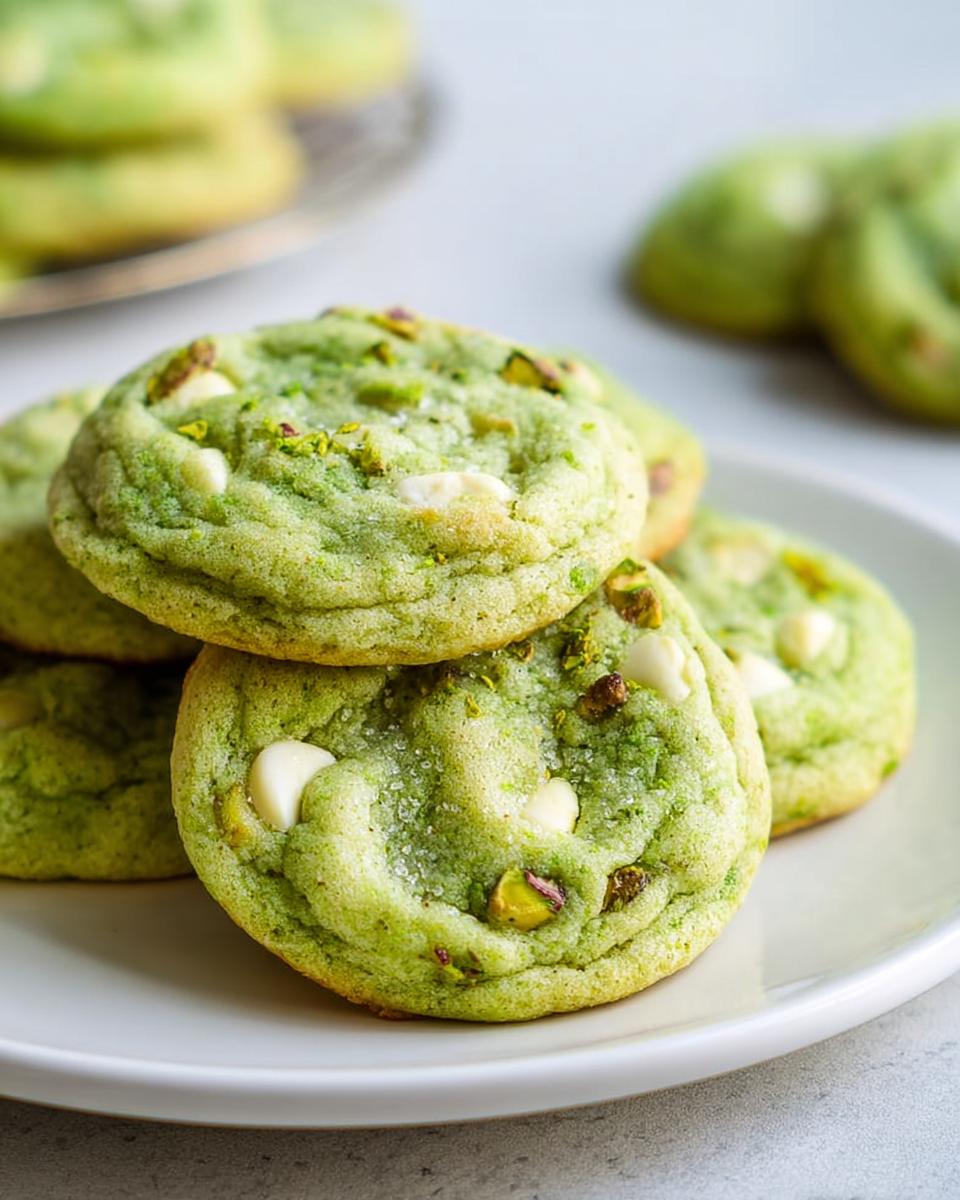 A close-up of soft and chewy pistachio pudding cookies with white chocolate chips and chopped pistachios.