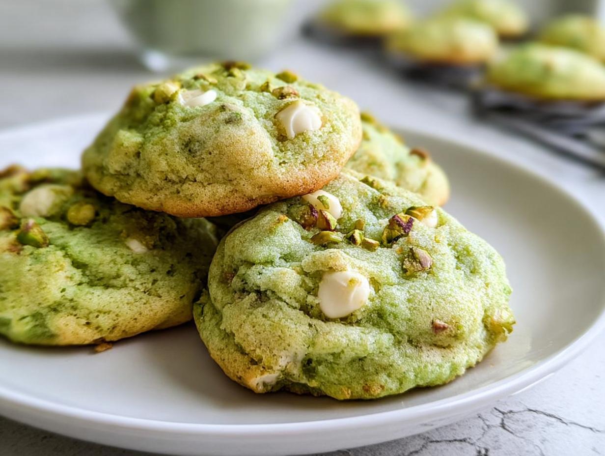 Close-up of soft and chewy pistachio pudding cookies with white chocolate chips and chopped pistachios on a white plate.