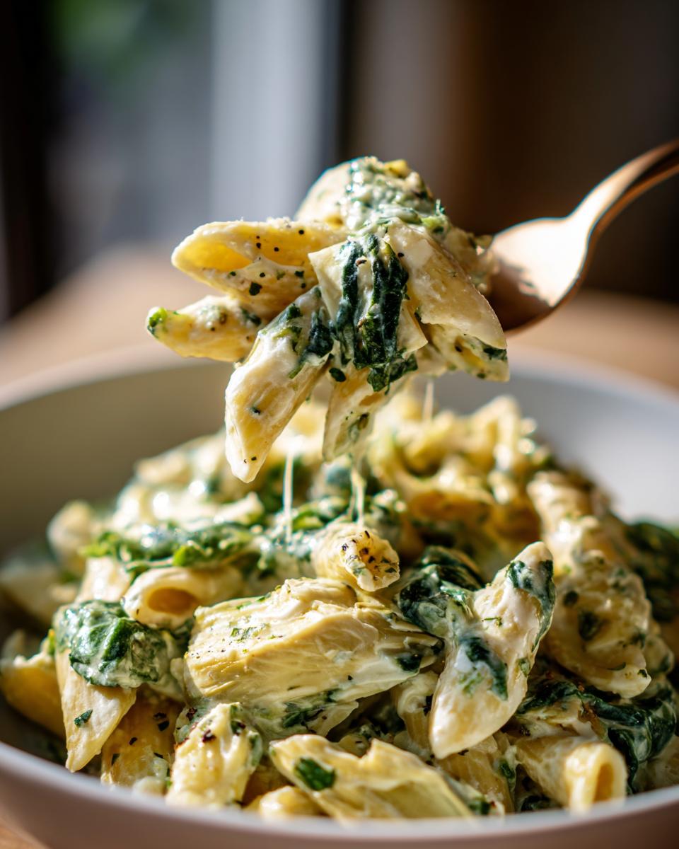 A fork lifts a generous portion of creamy spinach artichoke pasta, showcasing penne noodles coated in a rich sauce with spinach and artichoke pieces.