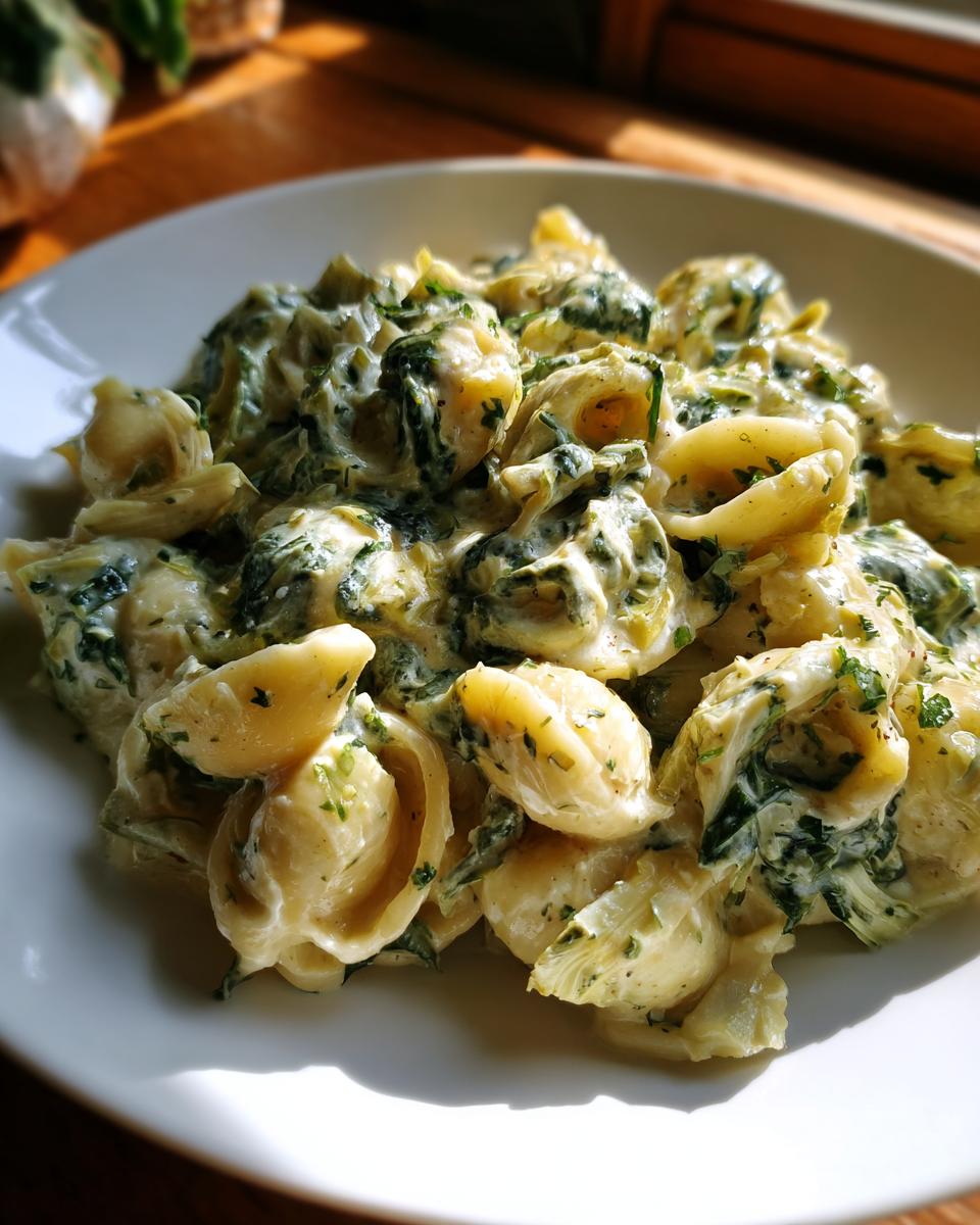 A close-up of a white plate filled with creamy spinach artichoke pasta, garnished with parsley.