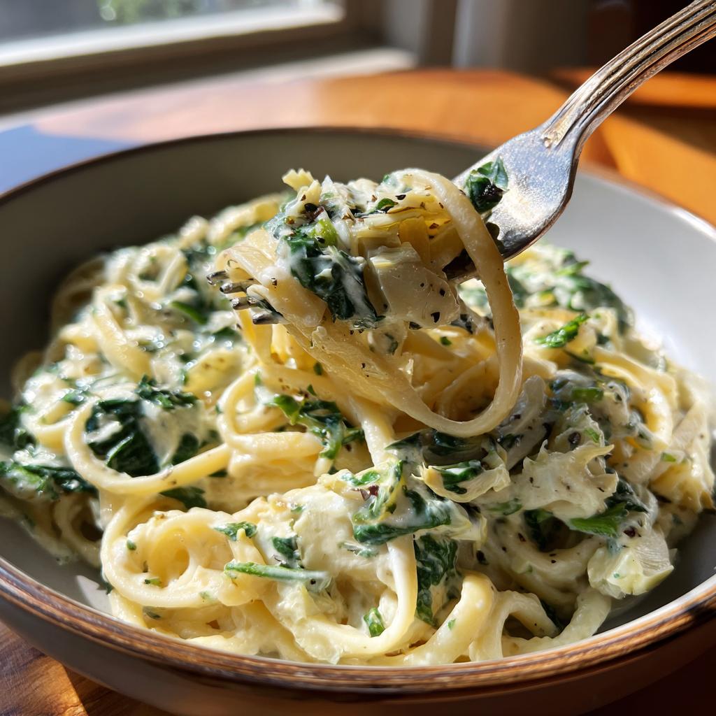 A fork twirls a serving of creamy spinach artichoke pasta, showcasing the rich sauce and tender noodles.