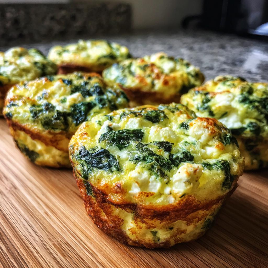 Close-up of freshly baked spinach feta egg muffins, showcasing their golden-brown crust and fluffy interior with visible spinach and feta cheese.