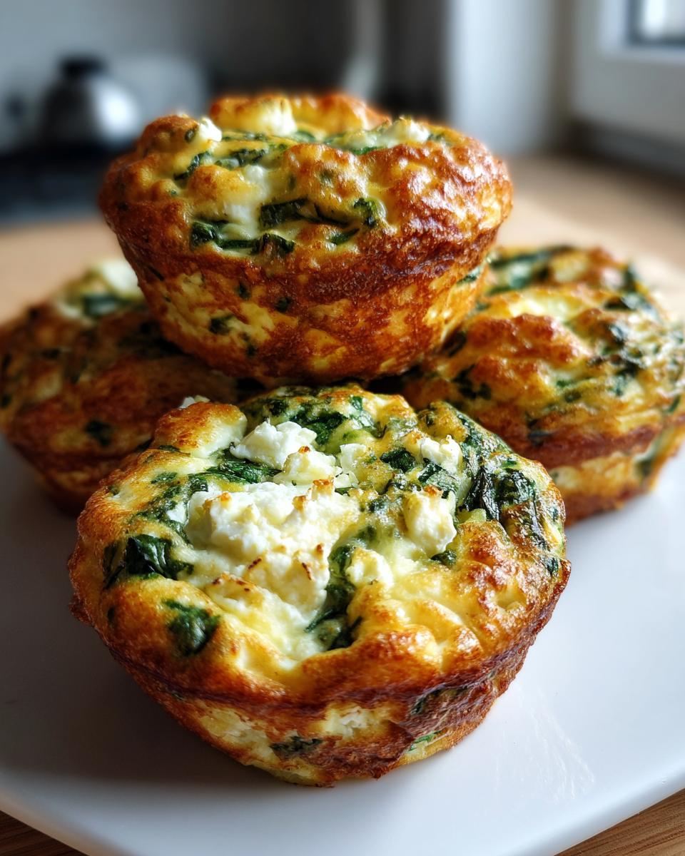 Close-up of fluffy spinach feta egg muffins, showcasing chunks of feta cheese and green spinach.