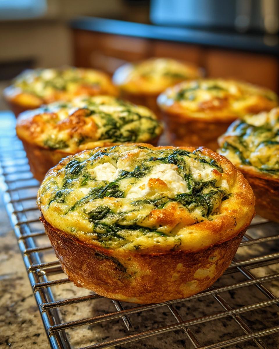 Close-up of freshly baked spinach feta egg muffins cooling on a wire rack. These breakfast ideas are easy to make.