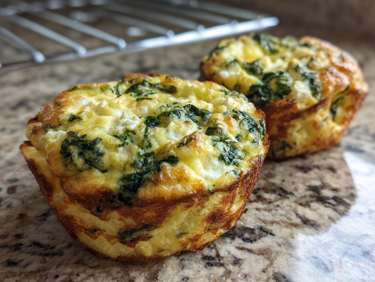 Two golden brown spinach feta egg muffins on a speckled countertop, showcasing the fluffy texture and green spinach flecks.