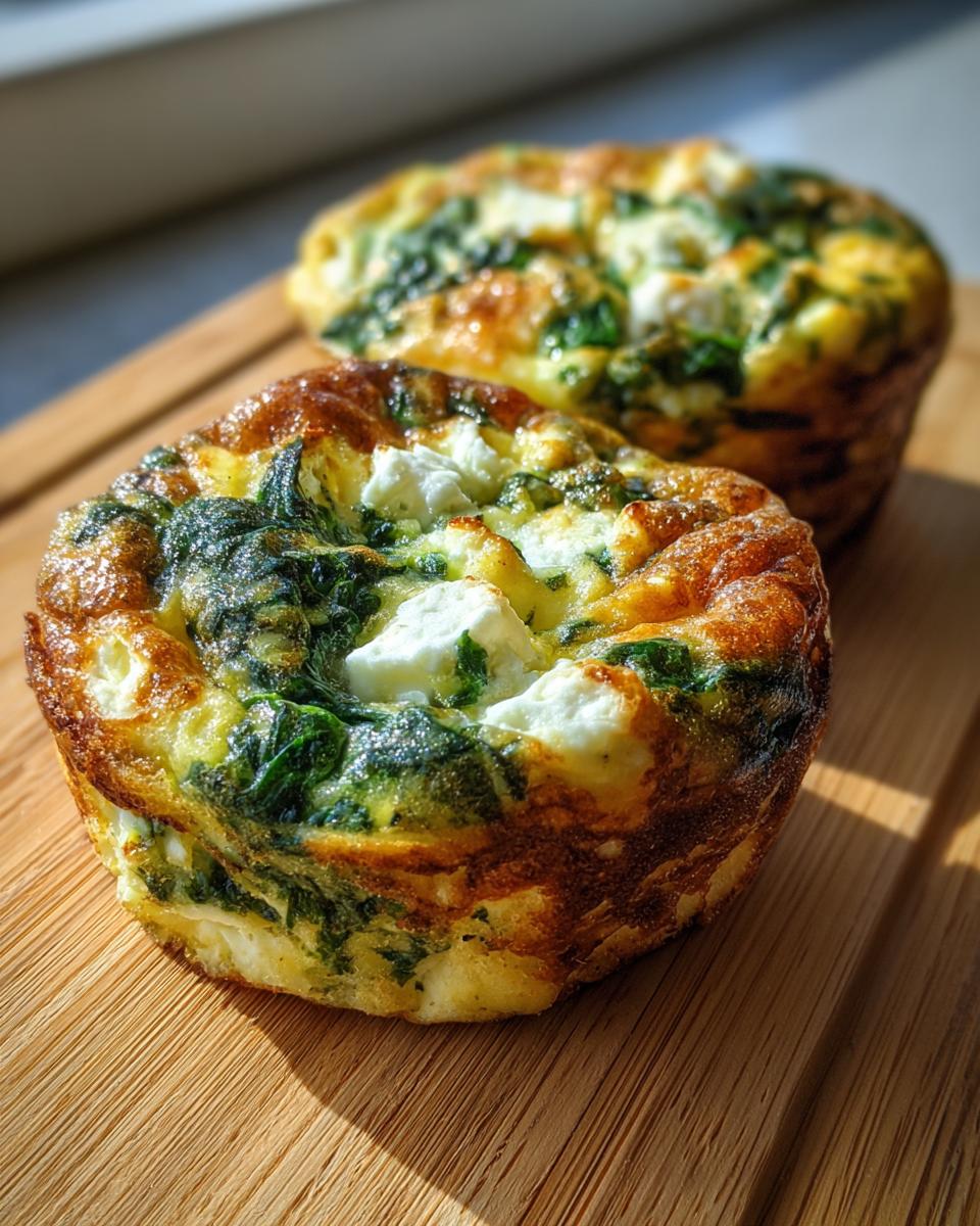 Close-up of two golden-brown spinach feta egg muffins on a wooden cutting board.