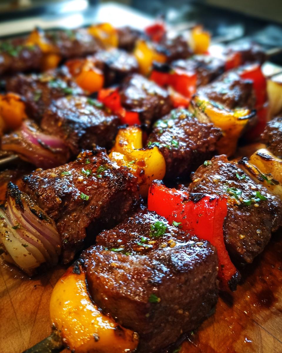Close-up of juicy steak kabobs with colorful bell peppers and onions, grilled to perfection.