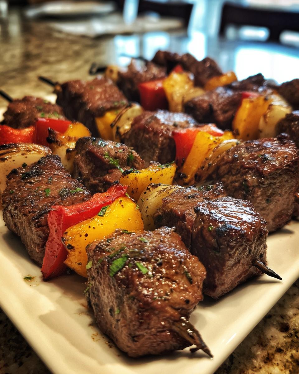 Close-up of grilled steak kabobs with chunks of juicy steak, red and yellow bell peppers, and white onions.