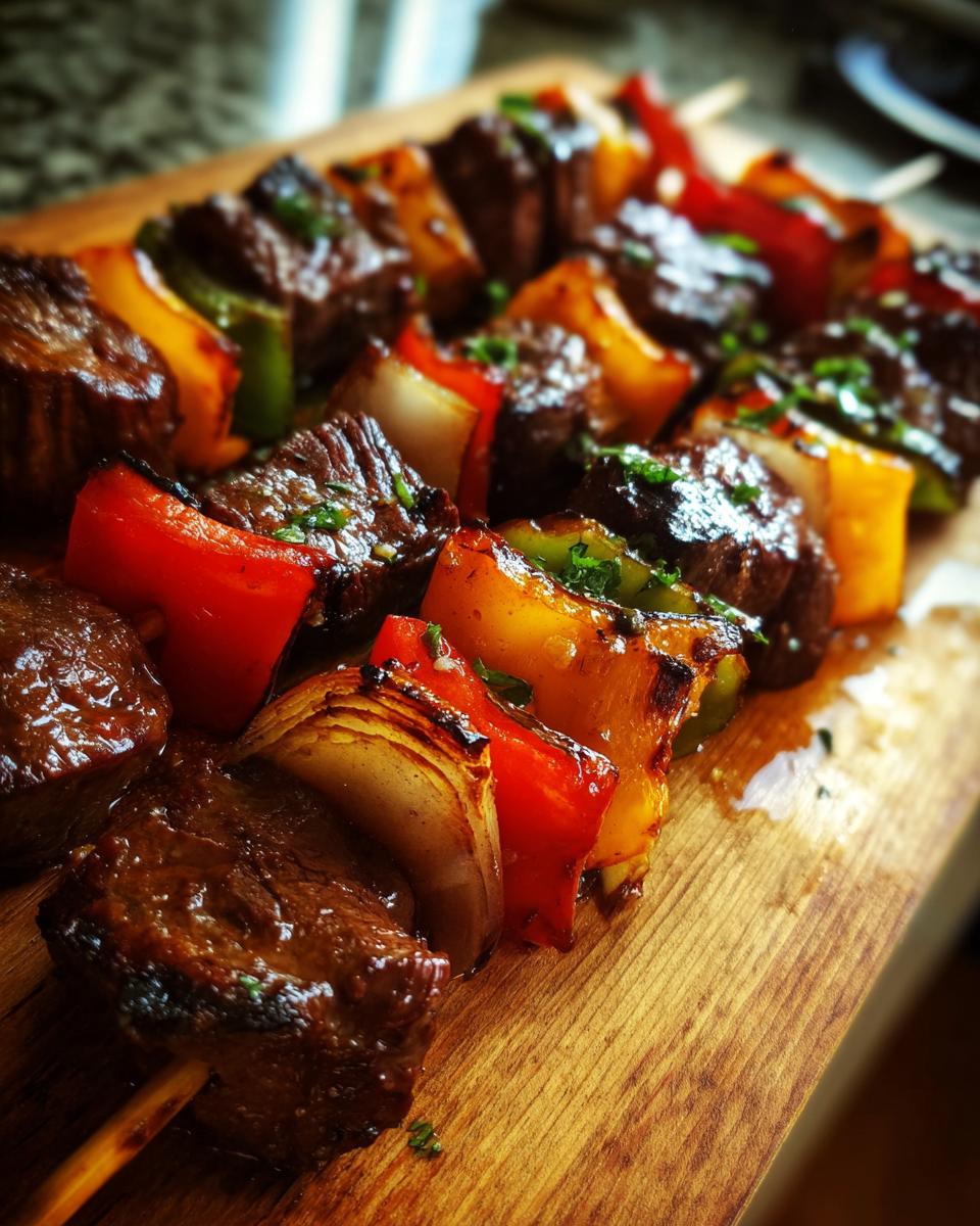 Close-up of grilled steak kabobs with colorful peppers and onions, seasoned and garnished with herbs.