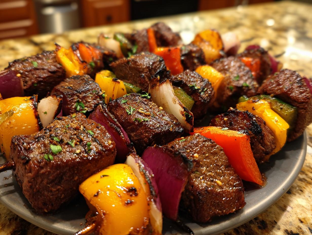 Close-up of grilled steak kabobs with colorful bell peppers and red onion pieces, seasoned and garnished with herbs.