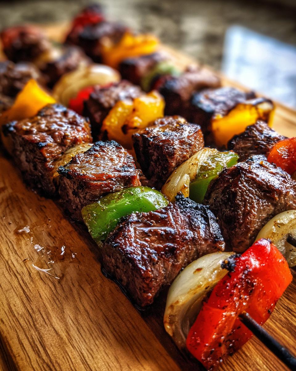 Close-up of grilled steak kabobs with colorful bell peppers and onions on a wooden board.