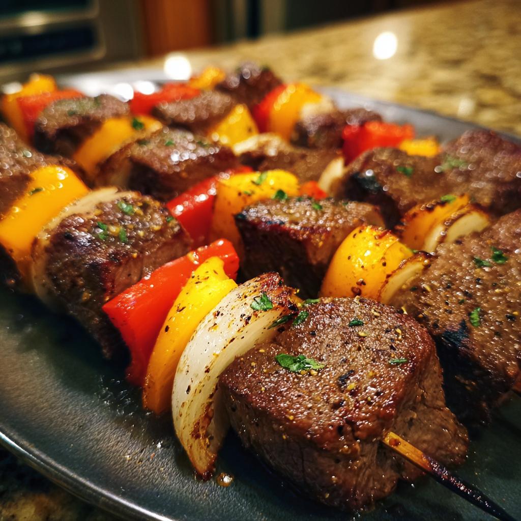 Close-up of grilled steak kabobs with colorful bell peppers and onions, seasoned and ready to eat.