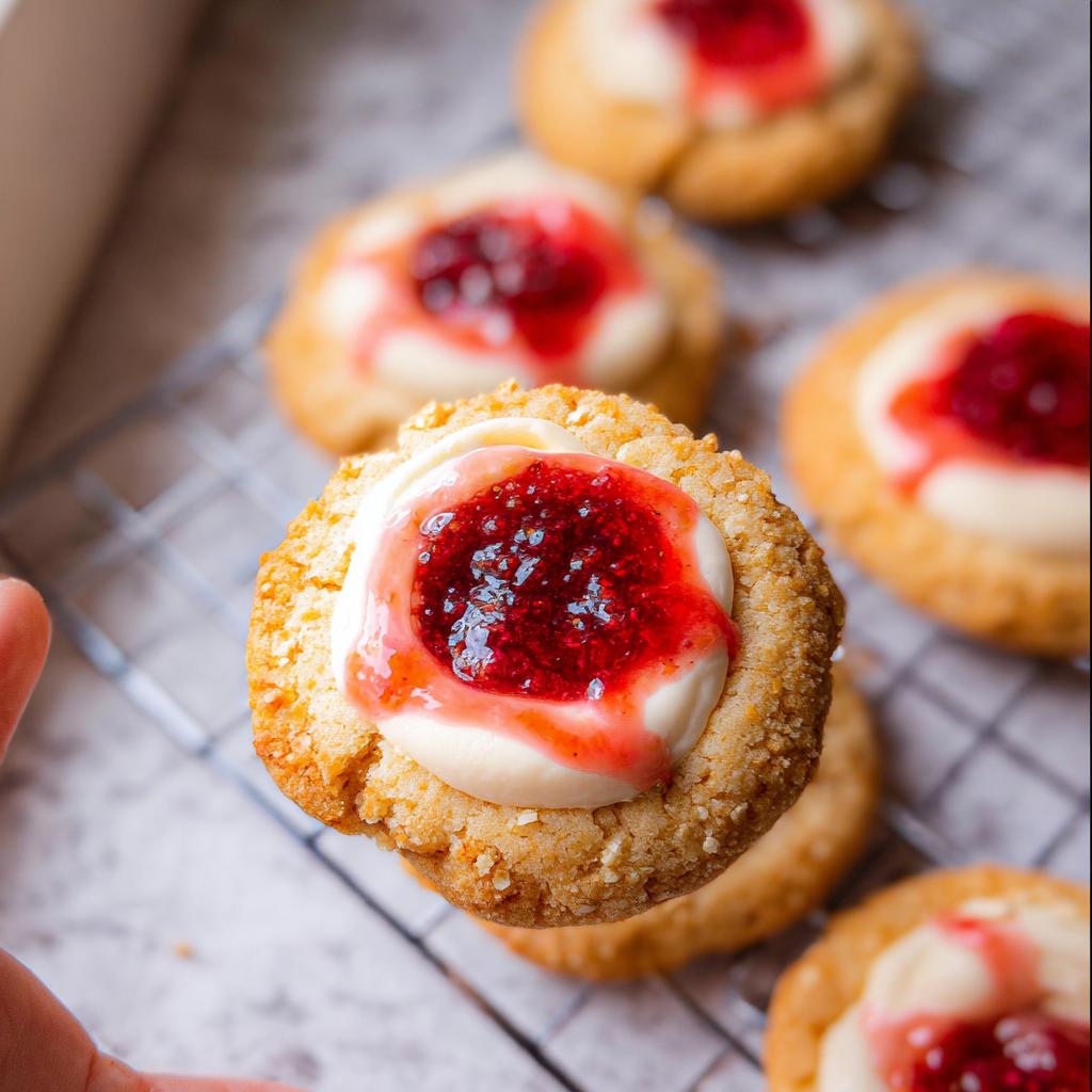 Close-up of a Strawberry Cheesecake Cookie Pretty topped with cream cheese frosting and strawberry jam.