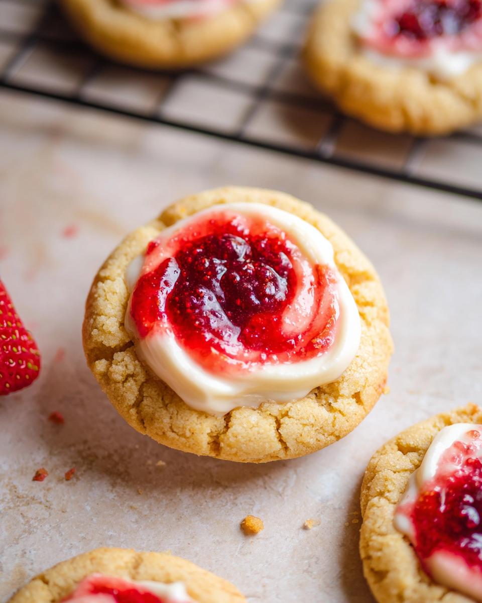 A close-up of a Strawberry Cheesecake Cookie Pretty, topped with cream cheese frosting and strawberry jam.
