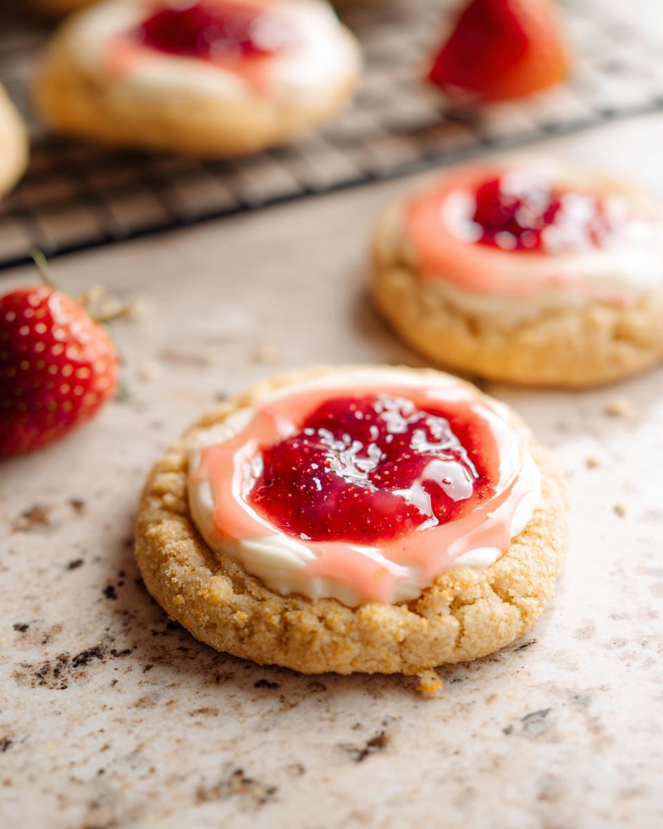 Close-up of a pretty Strawberry Cheesecake Cookie with creamy frosting and bright strawberry filling.