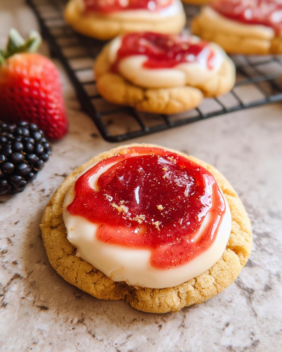 Close-up of a Strawberry Cheesecake Cookie Pretty, topped with cream cheese frosting and strawberry jam, with fresh berries in the background.