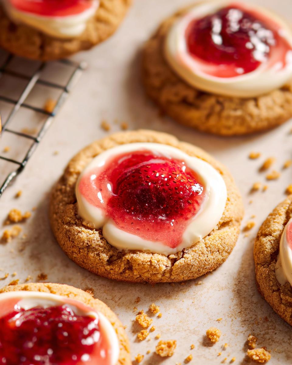 Close-up of a delicious Strawberry Cheesecake Cookie Pretty, topped with creamy frosting and fresh strawberry filling.