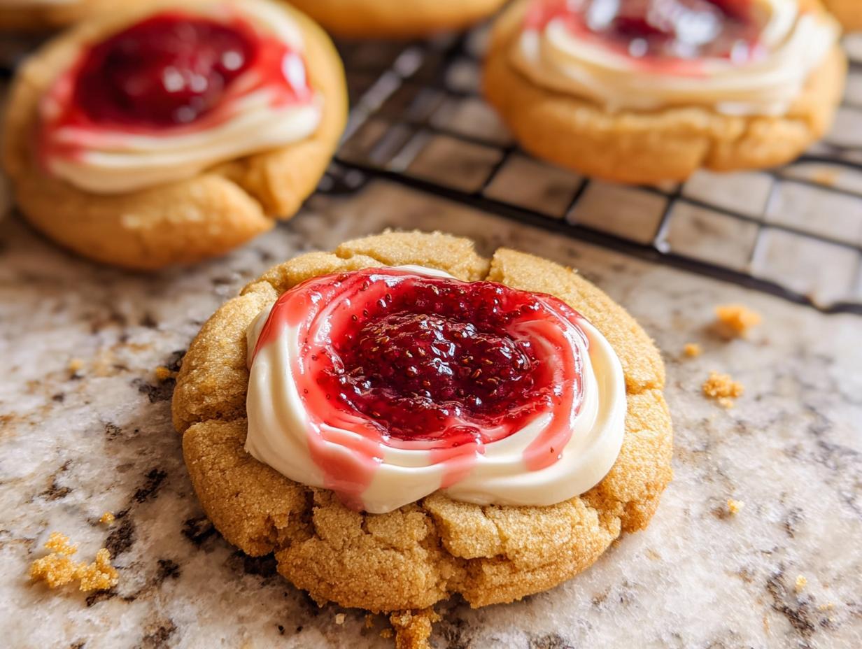 Close-up of a pretty strawberry cheesecake cookie topped with cream cheese frosting and strawberry jam.