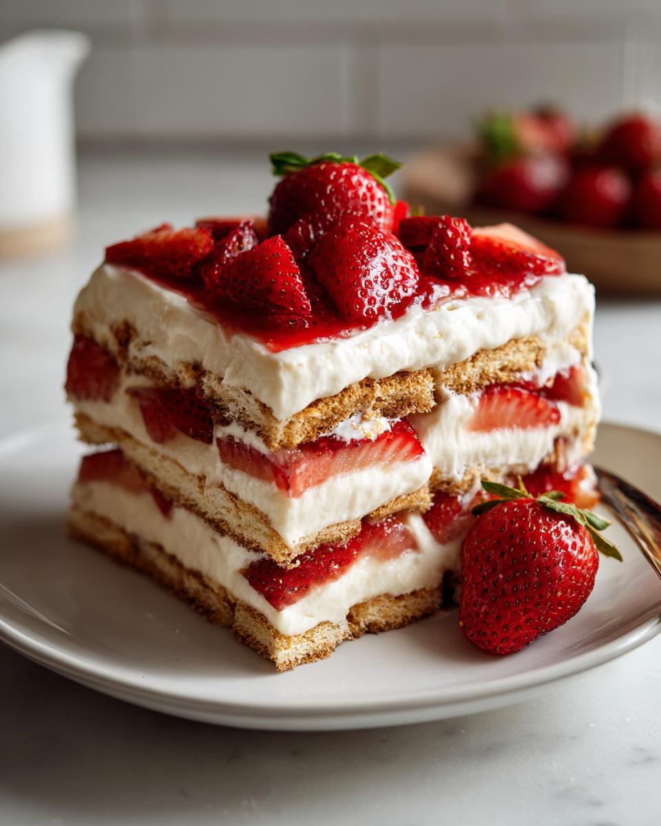A slice of strawberry icebox cake with layers of cream, cookies, and fresh strawberries, topped with more strawberries.