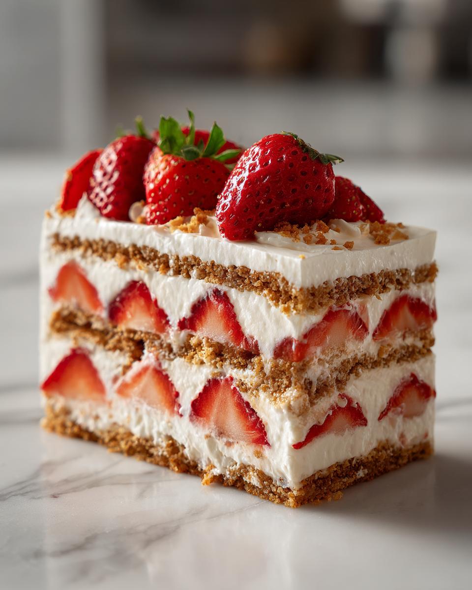 A slice of strawberry icebox cake featuring layers of creamy filling, graham crackers, and fresh strawberries.