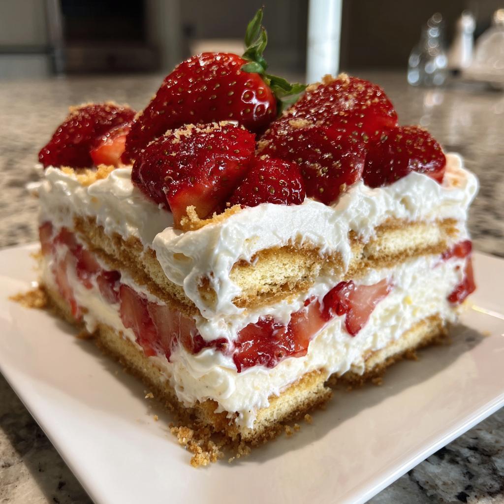 A slice of creamy strawberry icebox cake layered with cookies, whipped cream, and fresh strawberries, topped with more berries.