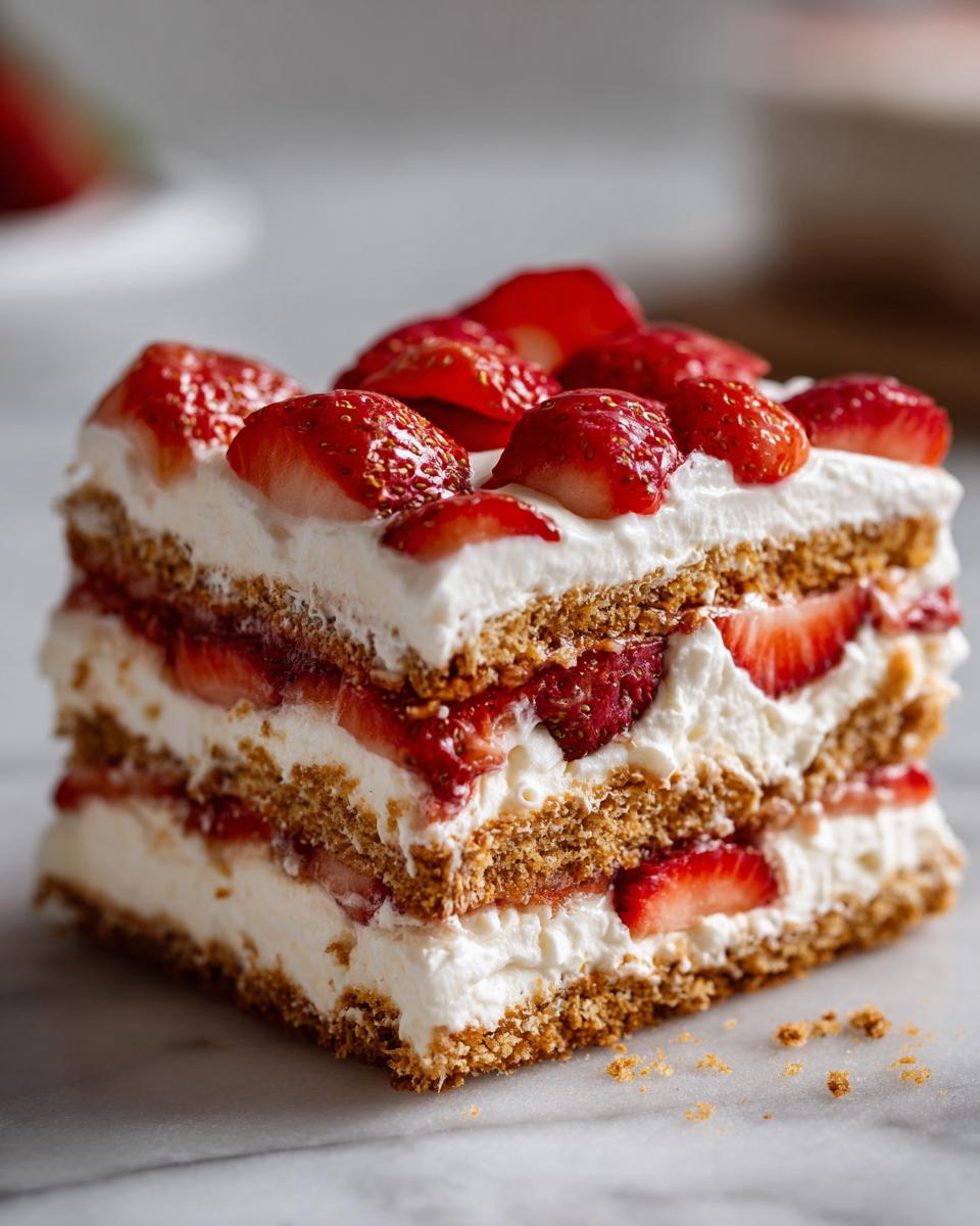A slice of strawberry icebox cake, featuring layers of cookies, whipped cream, and fresh strawberries.
