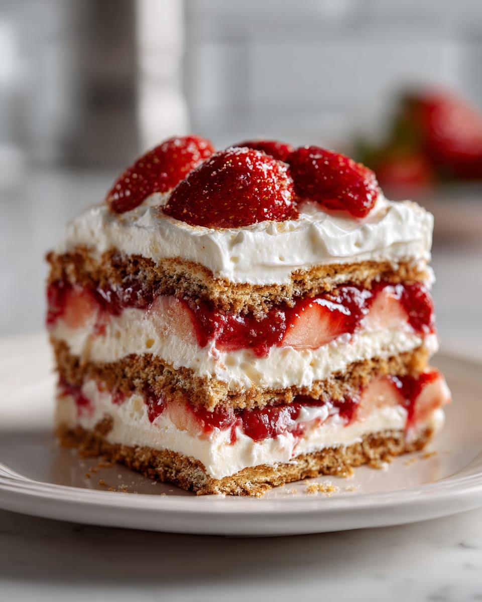 A thick slice of strawberry icebox cake, layered with graham crackers, cream, and fresh strawberries.