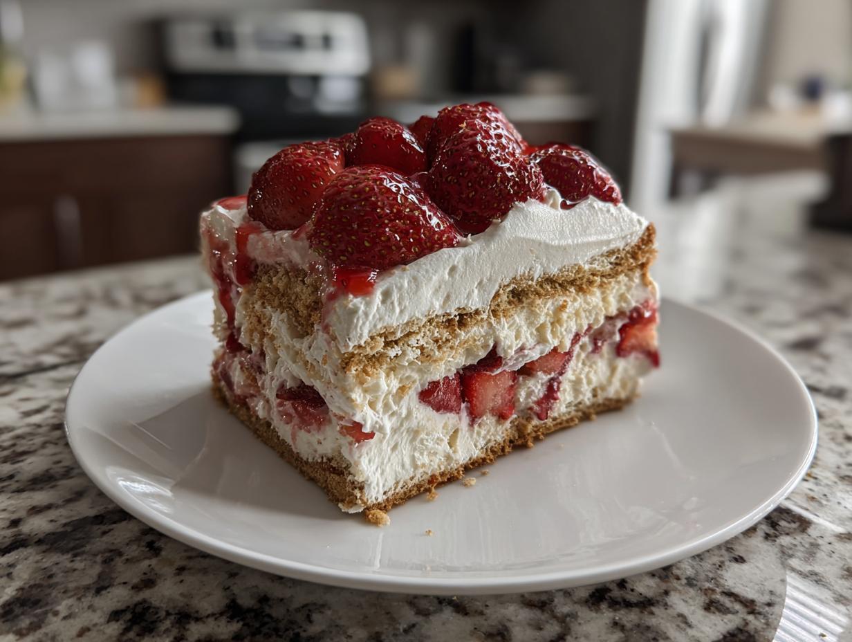 A slice of strawberry icebox cake, layered with whipped cream, graham crackers, and fresh strawberries, topped with more berries.
