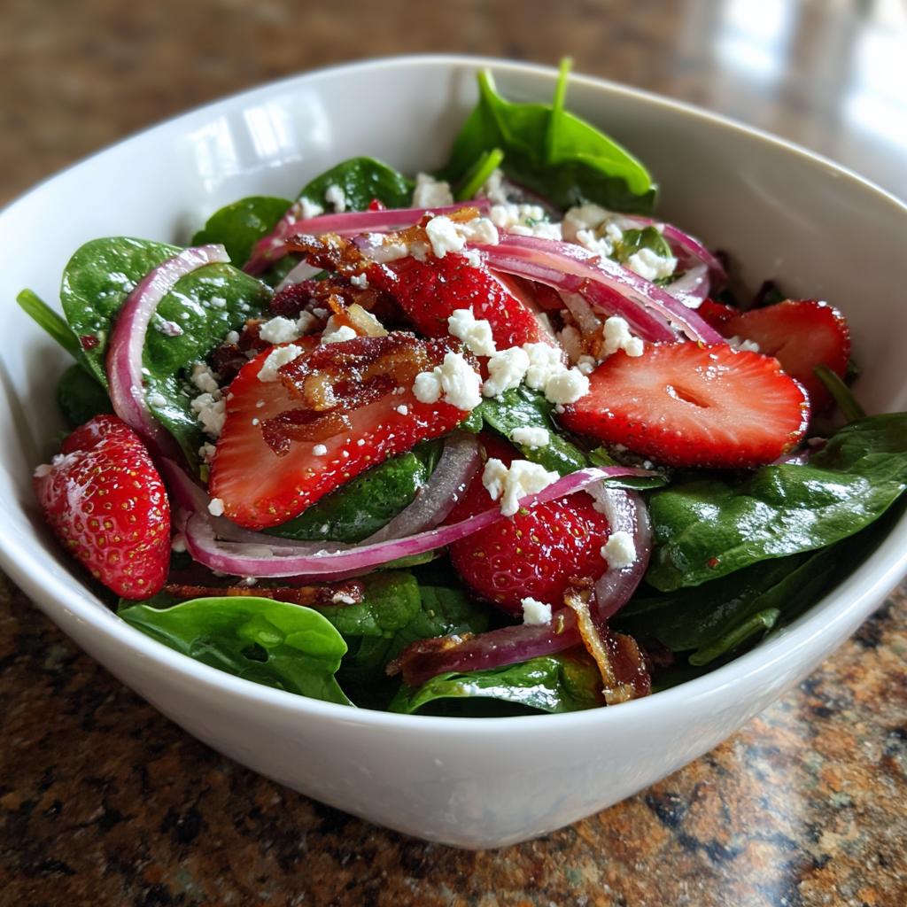 A refreshing strawberry spinach salad topped with crumbled feta cheese, red onion, and bacon bits.