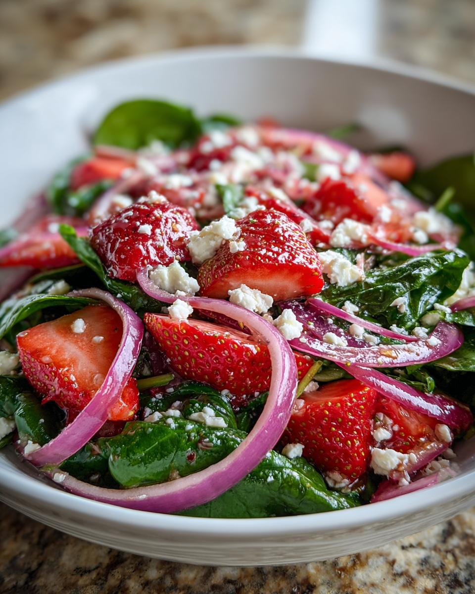 Close-up of a refreshing strawberry spinach salad with sliced strawberries, red onion, and feta cheese.