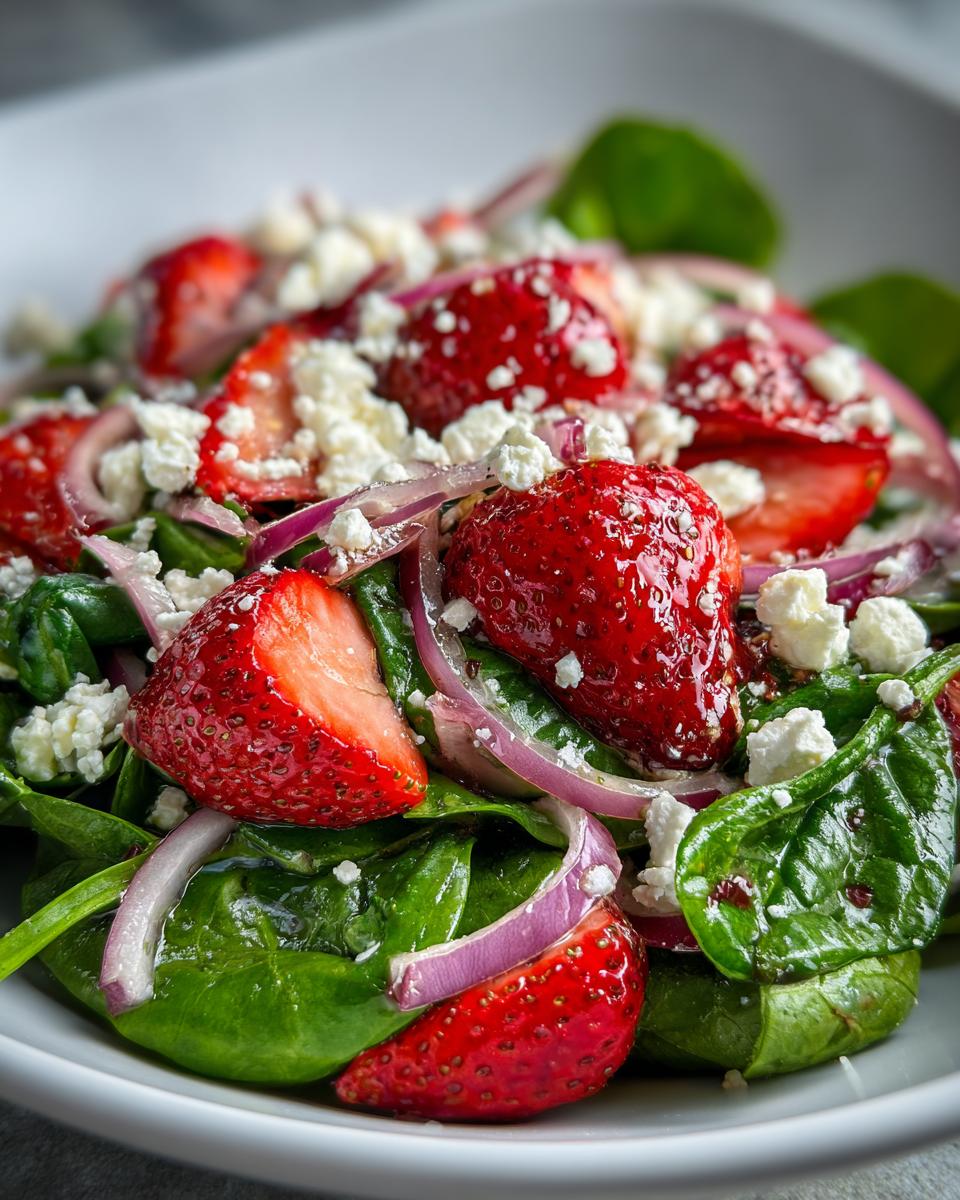 Close-up of a refreshing strawberry spinach salad with sliced strawberries, red onion, and crumbled feta cheese.