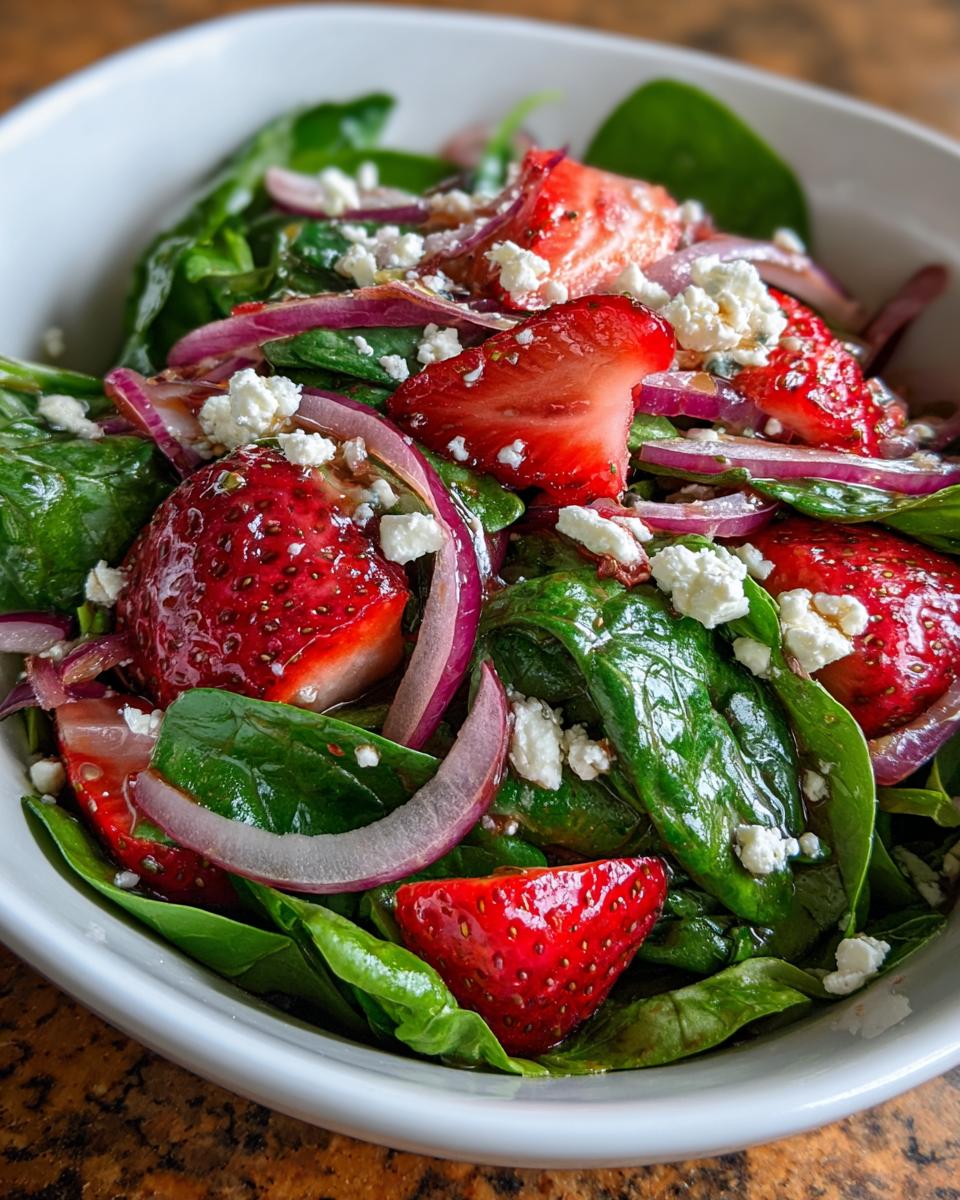 Close-up of a refreshing strawberry spinach salad with sliced strawberries, red onion, and crumbled feta cheese.