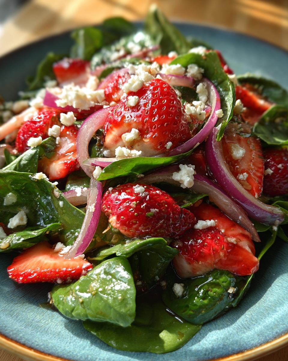 Close-up of a refreshing strawberry spinach salad with feta cheese and red onion.
