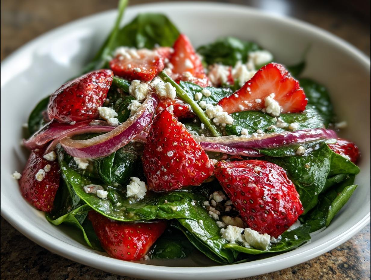 Close-up of a refreshing strawberry spinach salad with crumbled feta cheese and red onion slices.