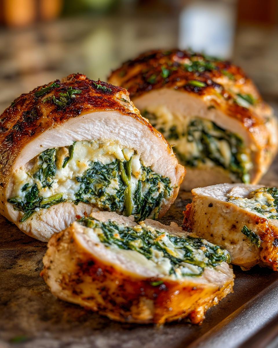 Close-up of a juicy stuffed spinach chicken breast, revealing a creamy spinach and cheese filling.