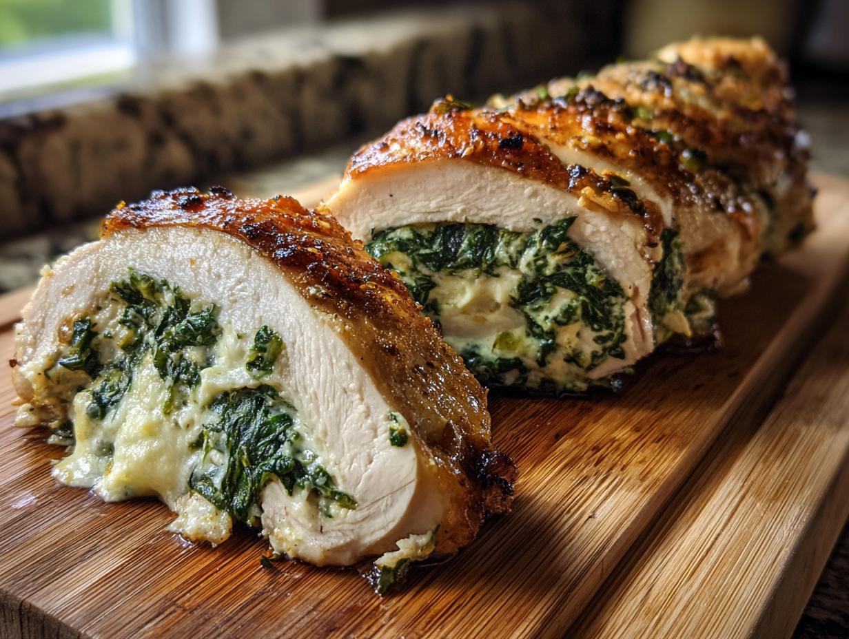A close-up of a sliced stuffed spinach chicken breast, showcasing the creamy spinach and cheese filling.