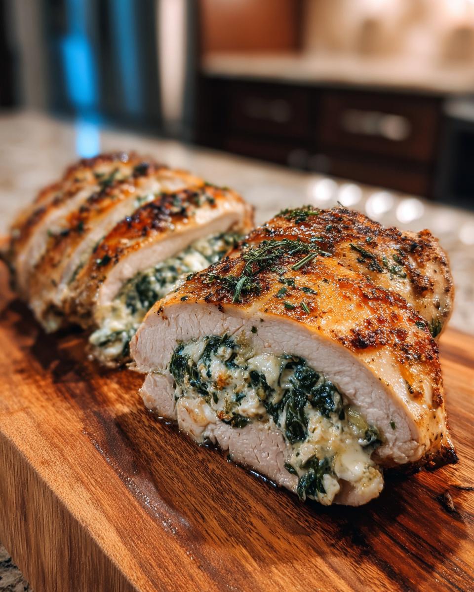 A close-up of two halves of a golden-brown stuffed spinach chicken breast, revealing a creamy spinach and cheese filling.