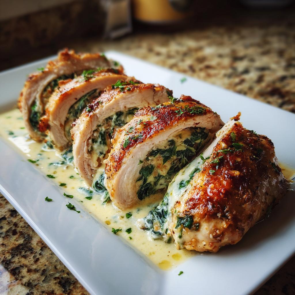Close-up of sliced stuffed spinach chicken breast served in a creamy sauce, a delicious chicken breast recipe.